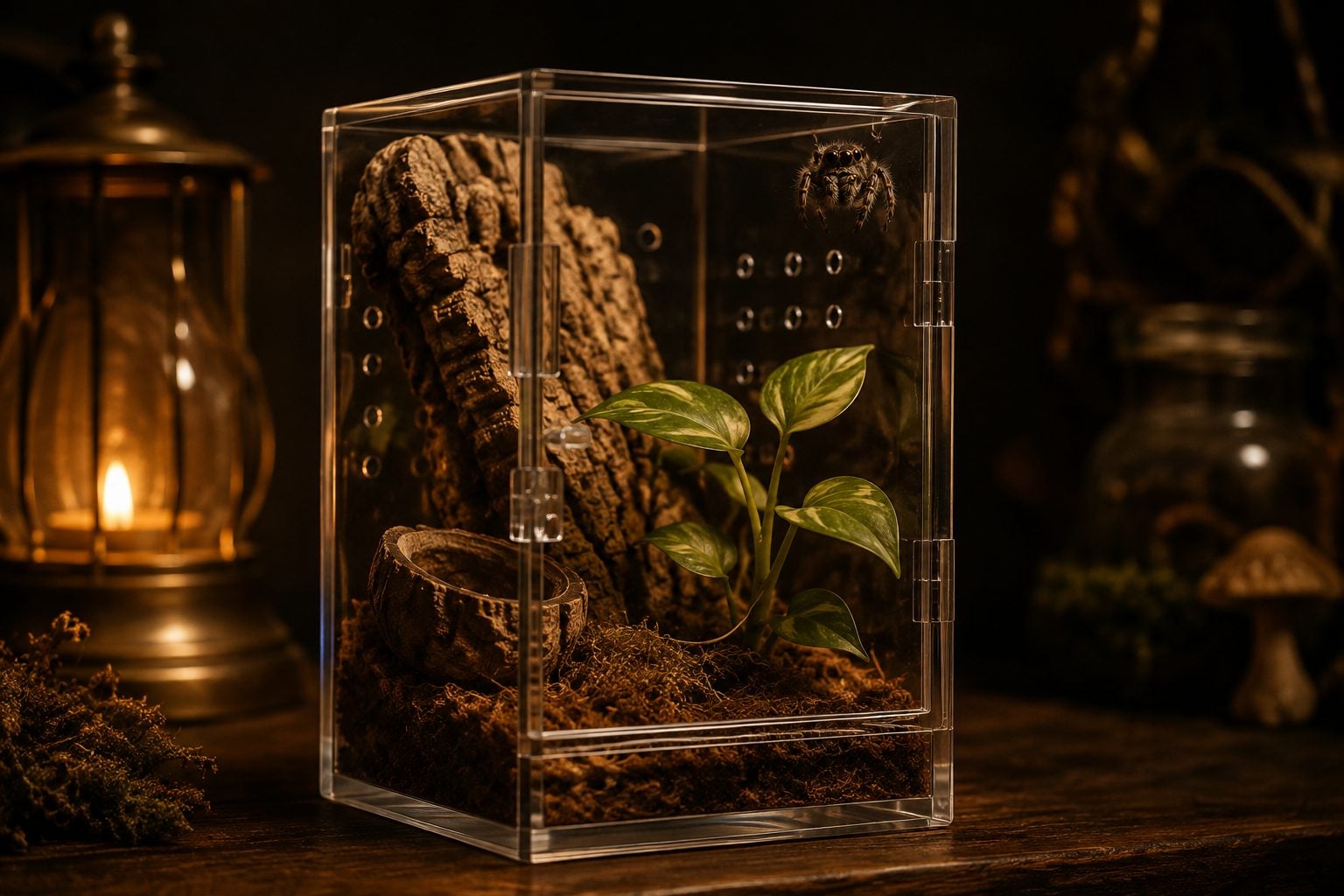 Bioactive jumping spider enclosure with cork bark and plants