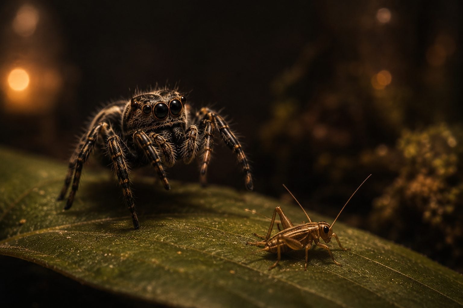 Jumping spider approaching a small feeder insect on a leaf