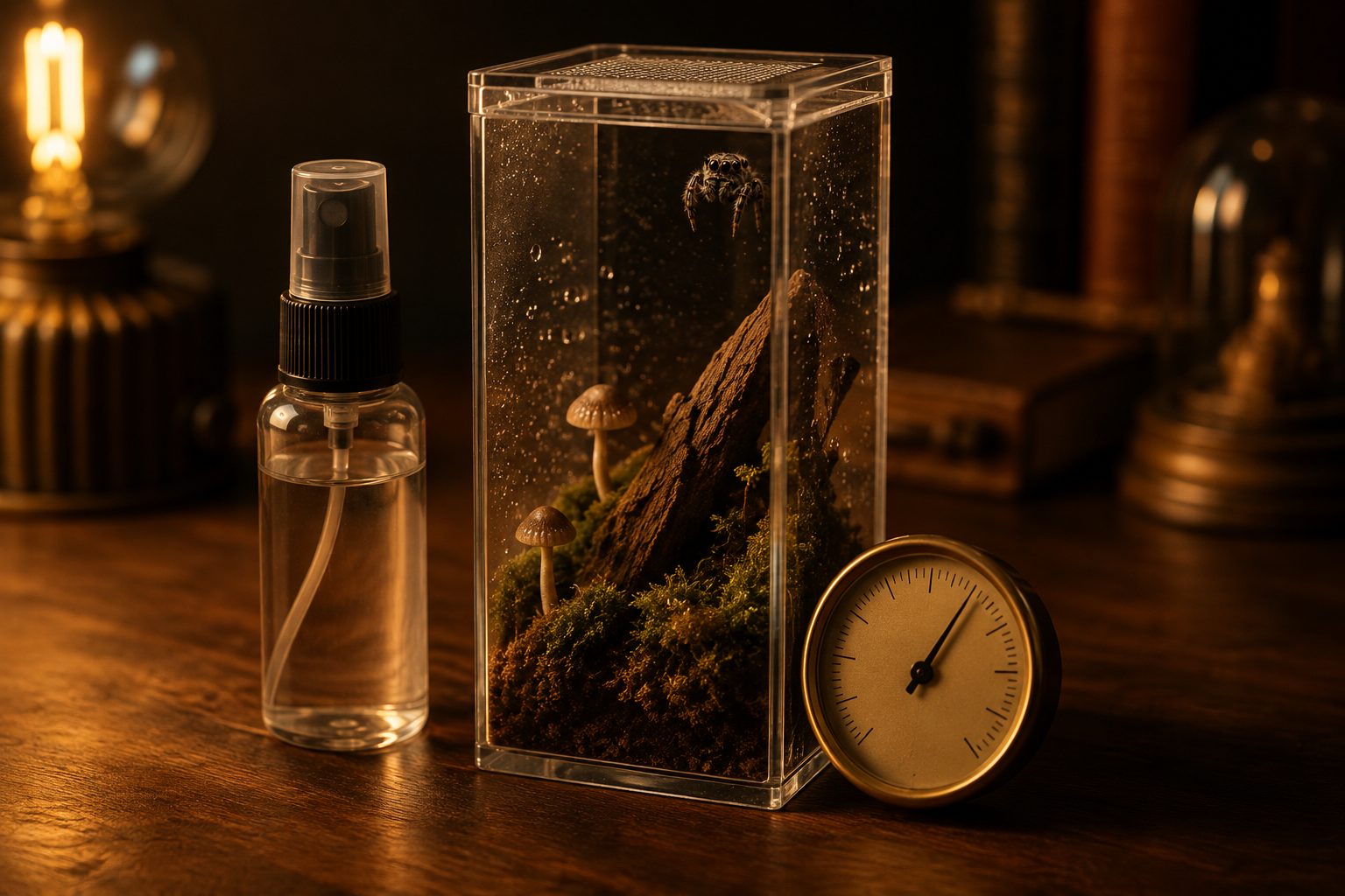 Jumping spider enclosure with misting bottle and hygrometer