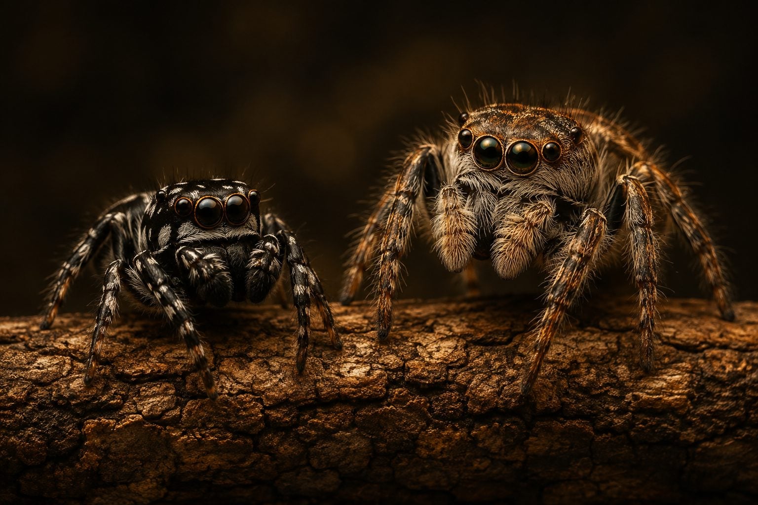 Male and female regal jumping spiders side by side