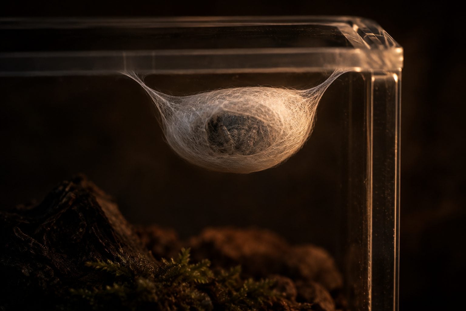 Jumping spider inside its silk molting sac