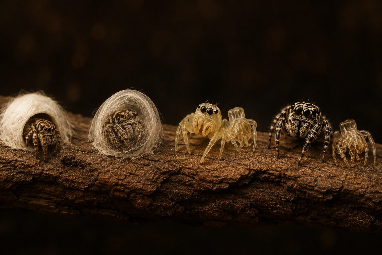 Jumping spider molting sequence from silk sac to fresh exoskeleton