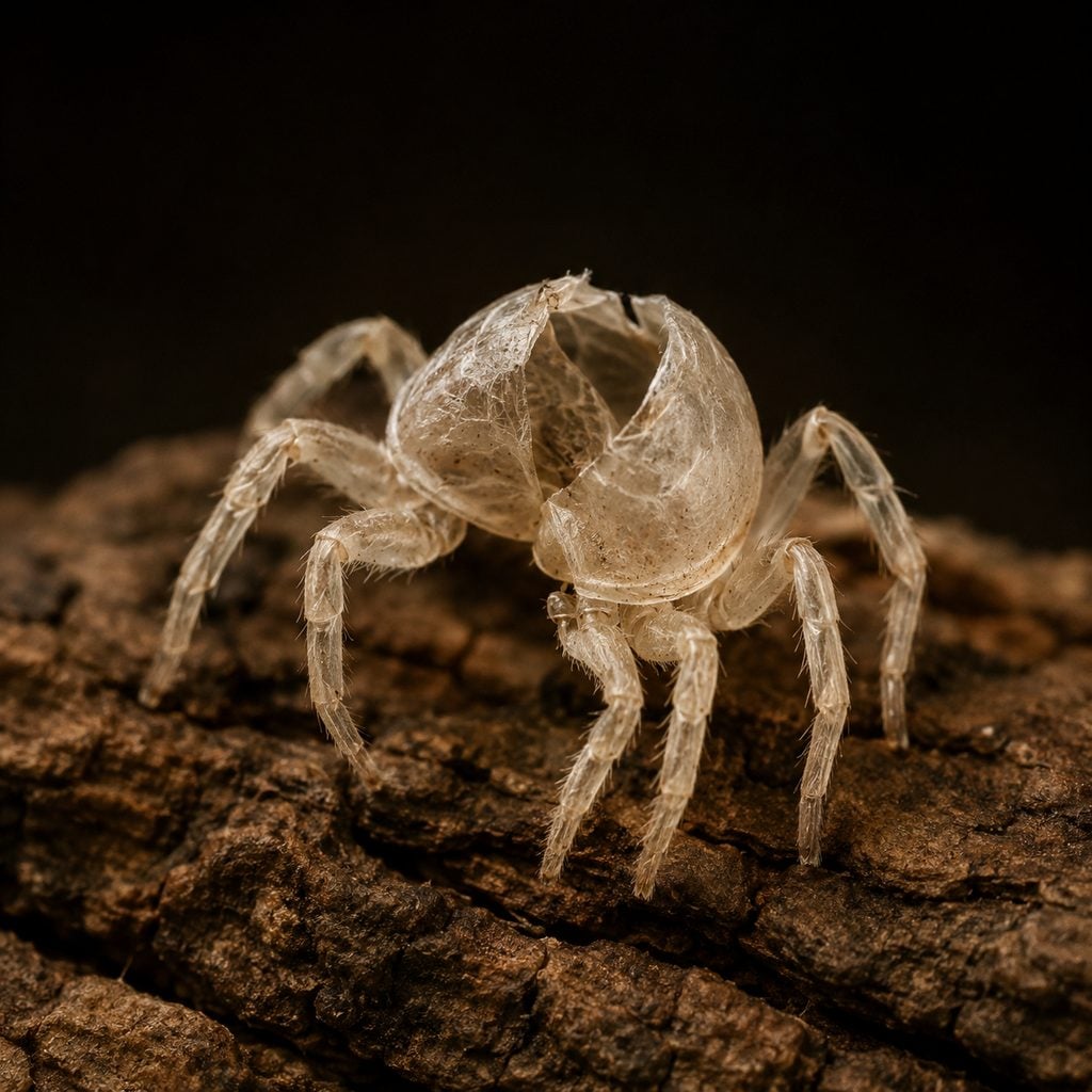 Shed jumping spider exoskeleton on cork bark
