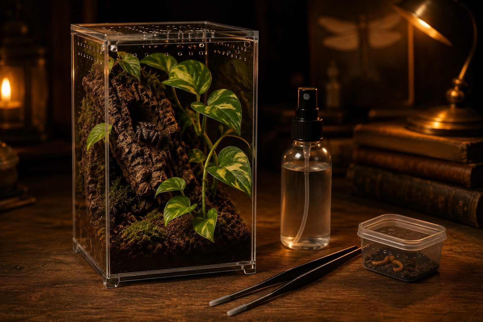 Complete jumping spider starter setup on a desk