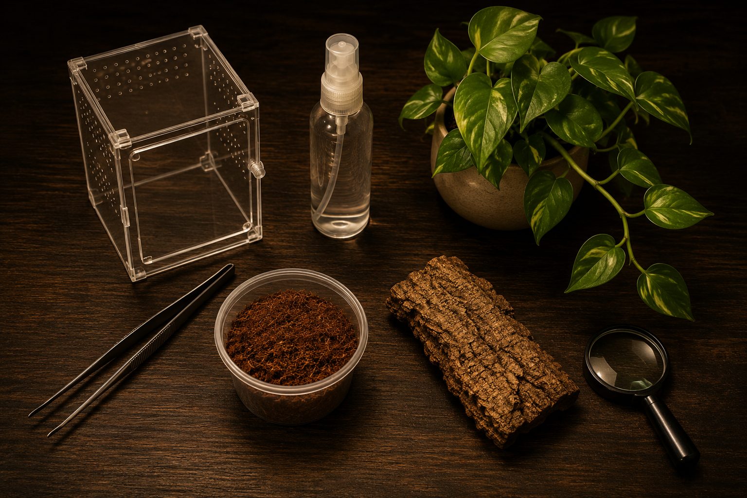 Flat lay of jumping spider keeping supplies