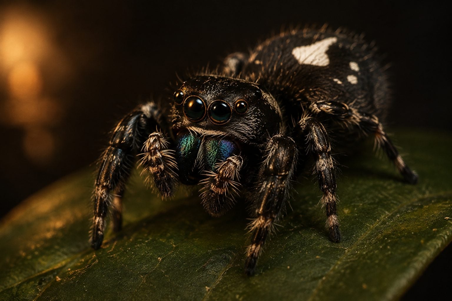 Bold jumping spider looking at the camera on a leaf
