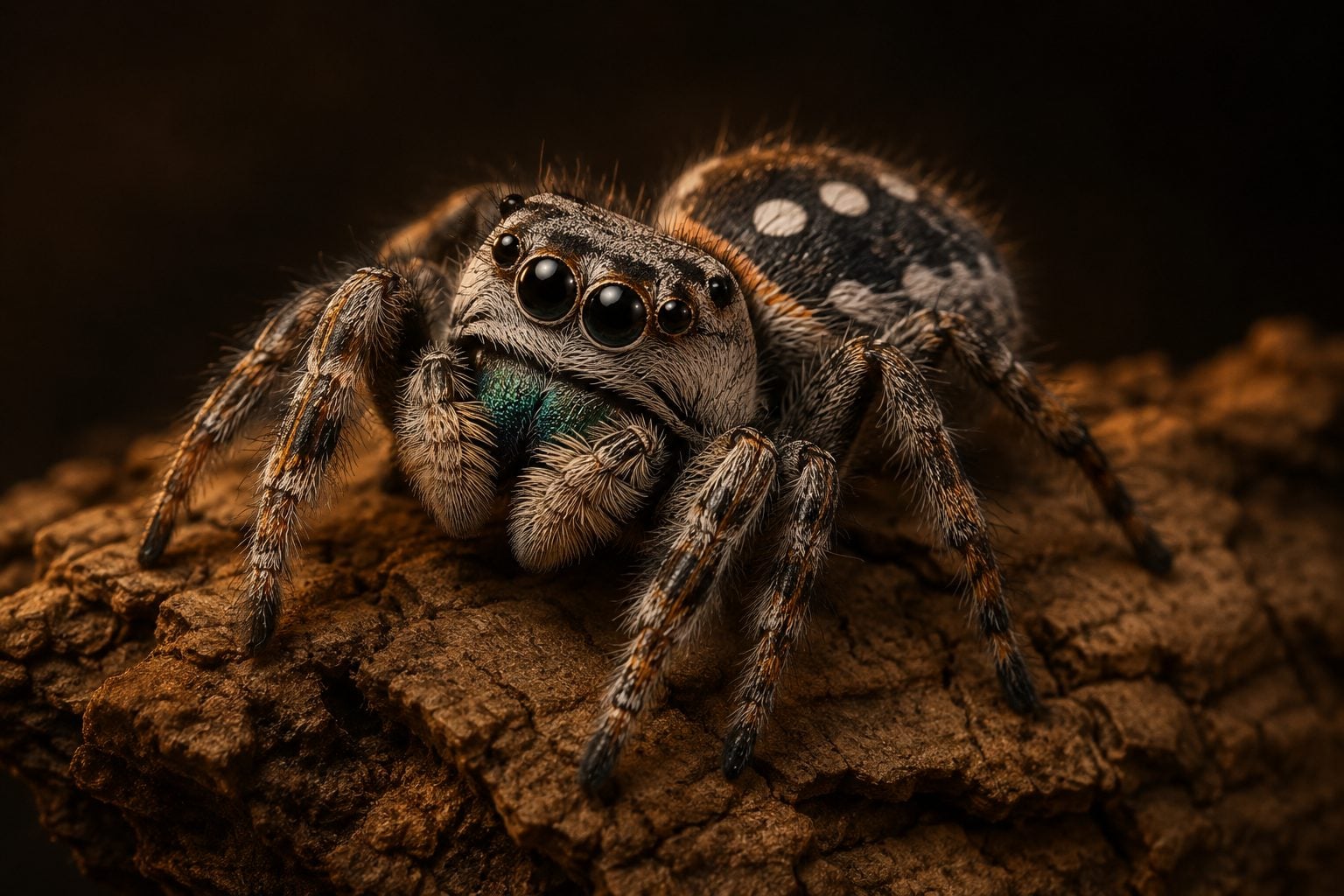 Adult female regal jumping spider on cork bark