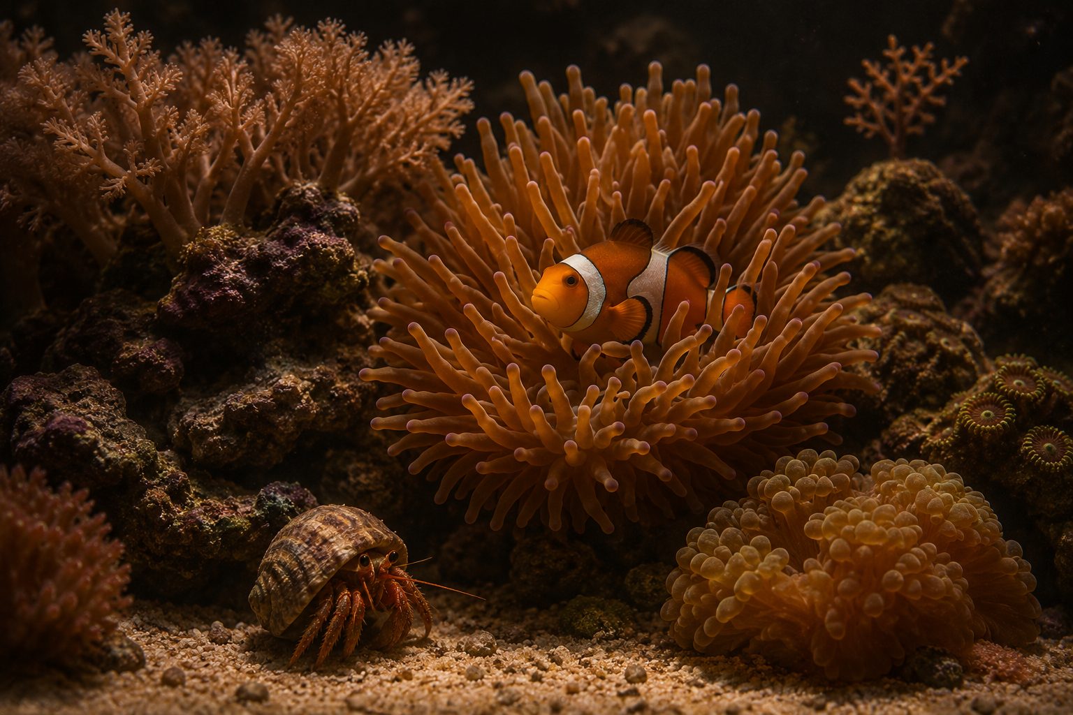 Small reef aquarium with coral, anemone and clownfish