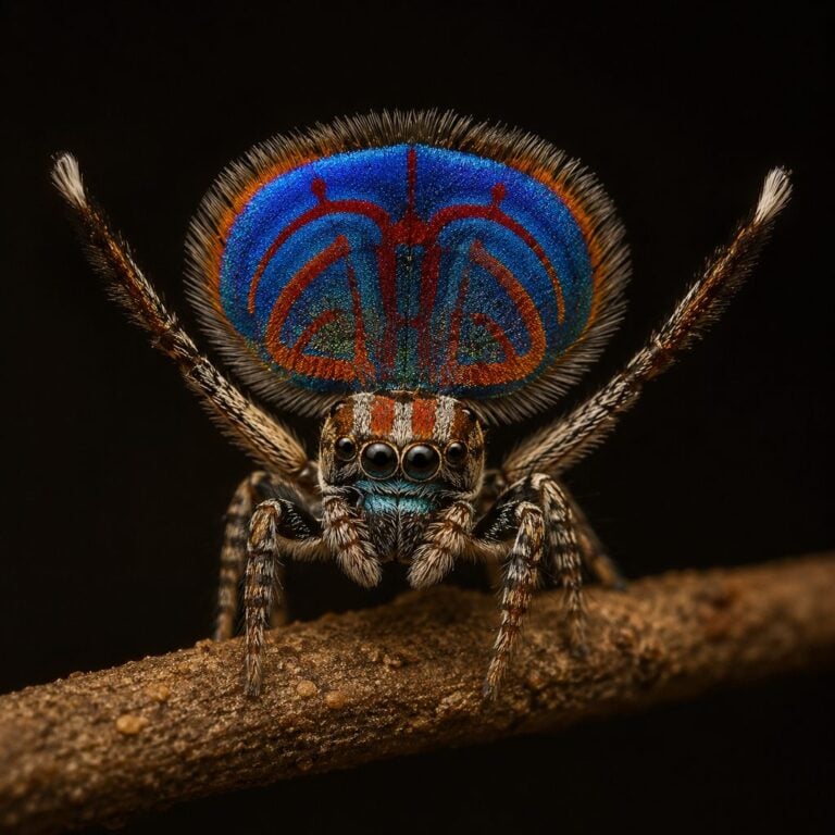 Male peacock jumping spider displaying its coloured fan