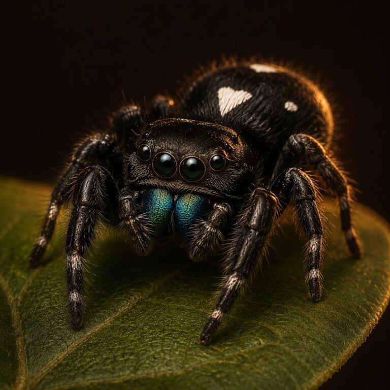 Bold jumping spider (Phidippus audax) on a leaf