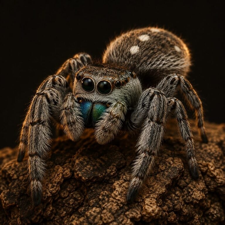 Regal jumping spider (Phidippus regius) on cork bark