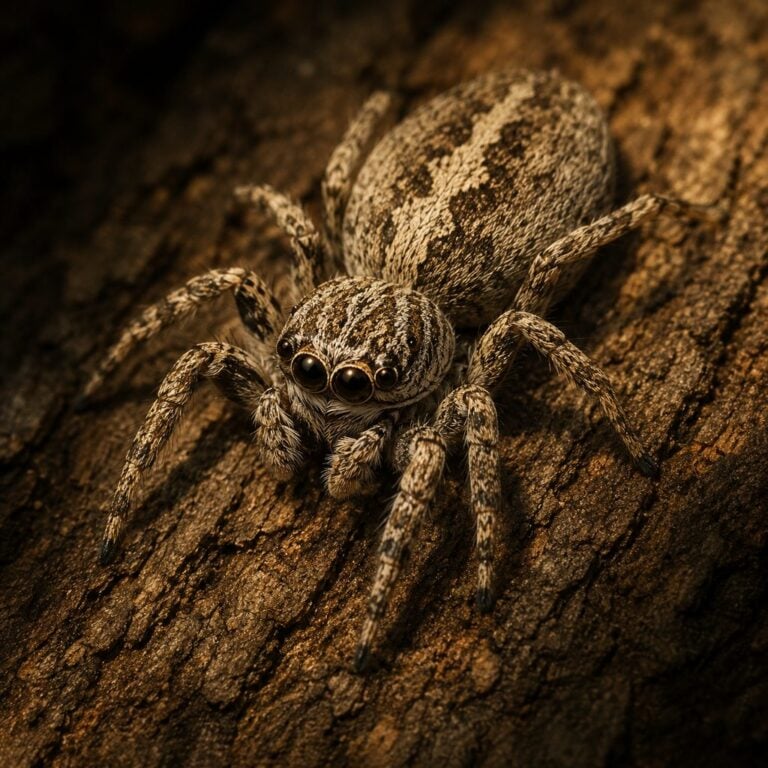 Tan jumping spider (Platycryptus undatus) on tree bark