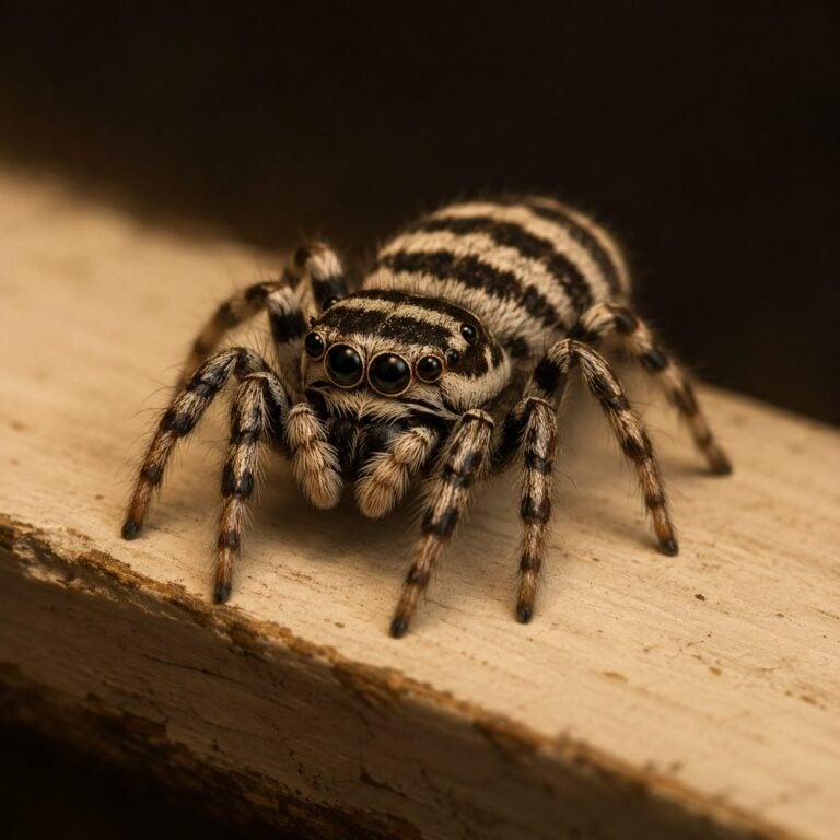 Zebra jumping spider (Salticus scenicus) on a windowsill