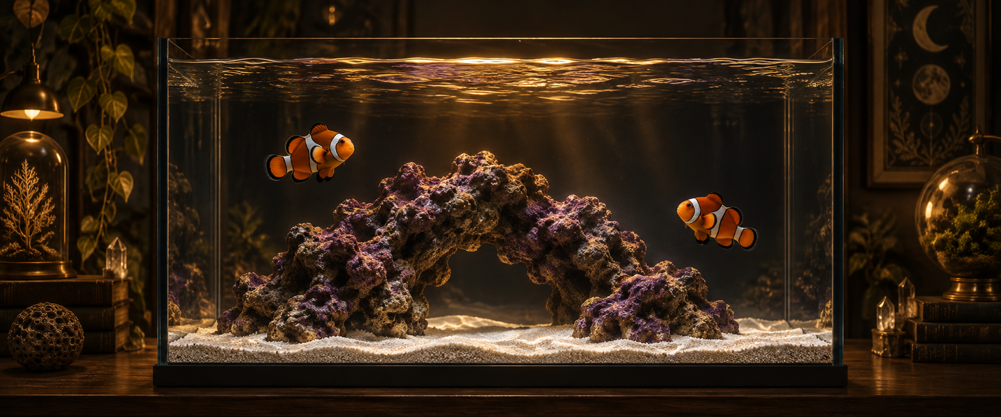 A beginner marine tank glowing in a dark room