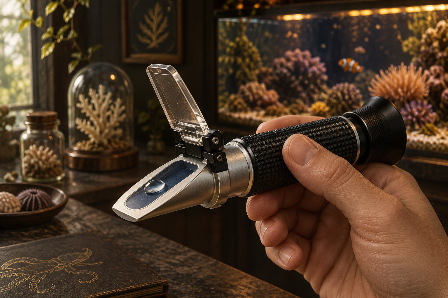 A refractometer held in a hand in the foreground, a single drop of saltwater glistening on its prism plate, daylight window