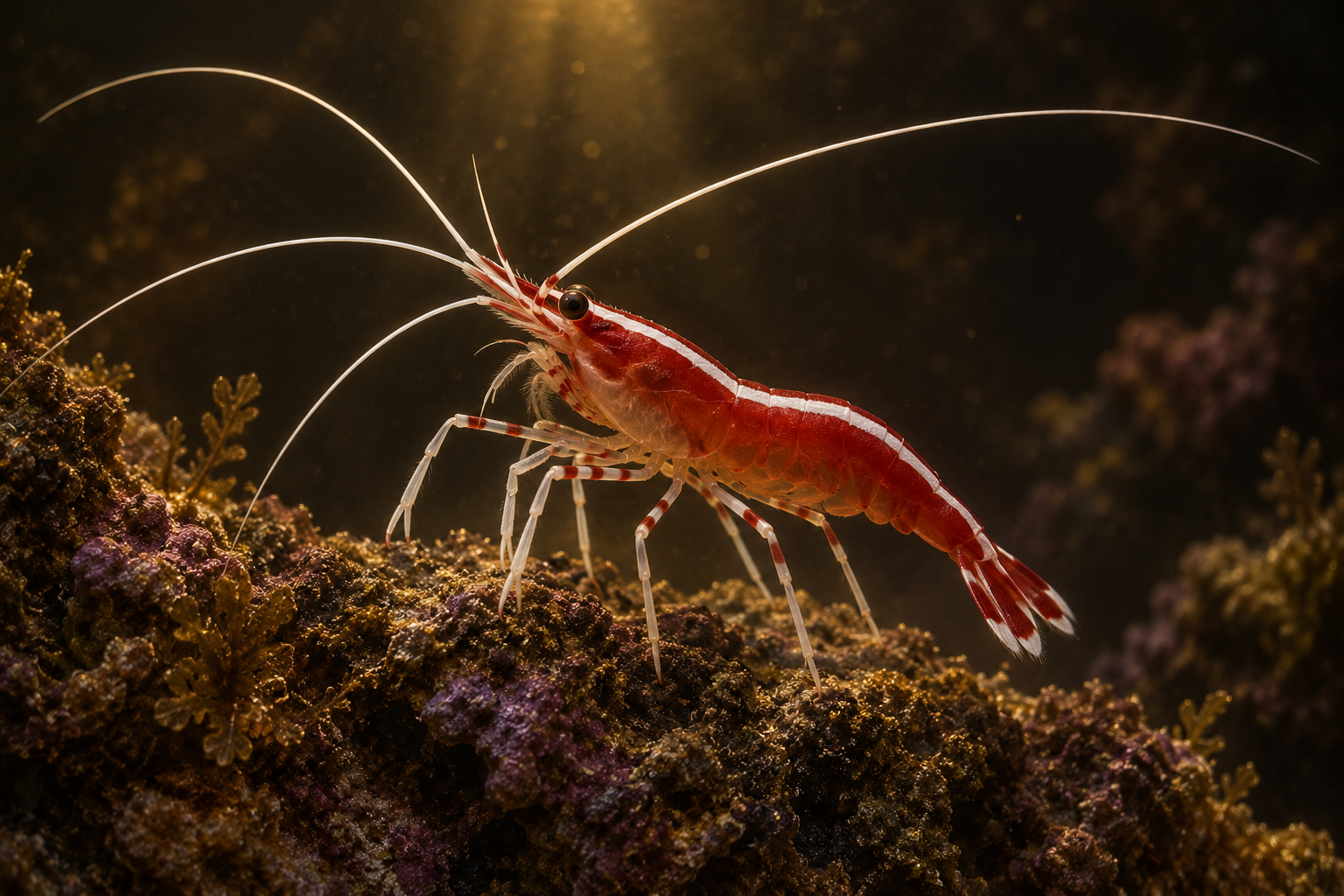 A skunk cleaner shrimp perched on a ledge of live rock in a marine tank