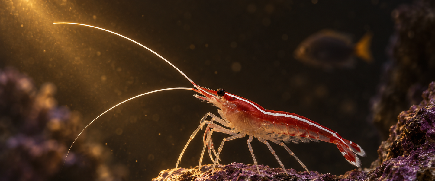A single scarlet skunk cleaner reef aquarium shrimp standing on a ledge of purple coralline-encrusted live rock, its two