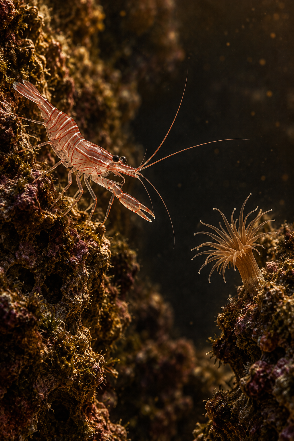 A peppermint shrimp mid-hunt on a vertical face of live rock, translucent pink body with fine red banding, one claw extended