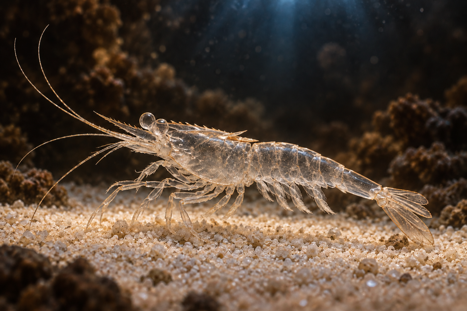 A single shed shrimp exoskeleton lying on pale aragonite sand