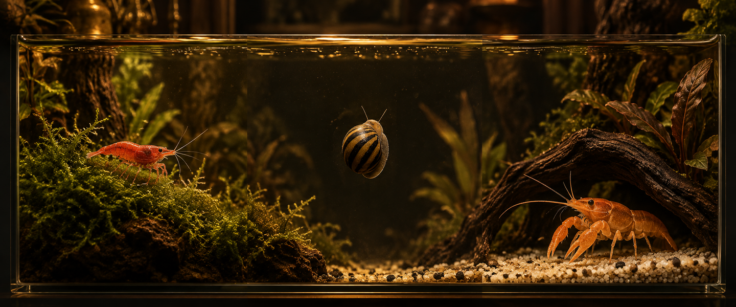 A densely planted nano aquarium photographed side-on at night in a dark charcoal room, showing several different freshwater
