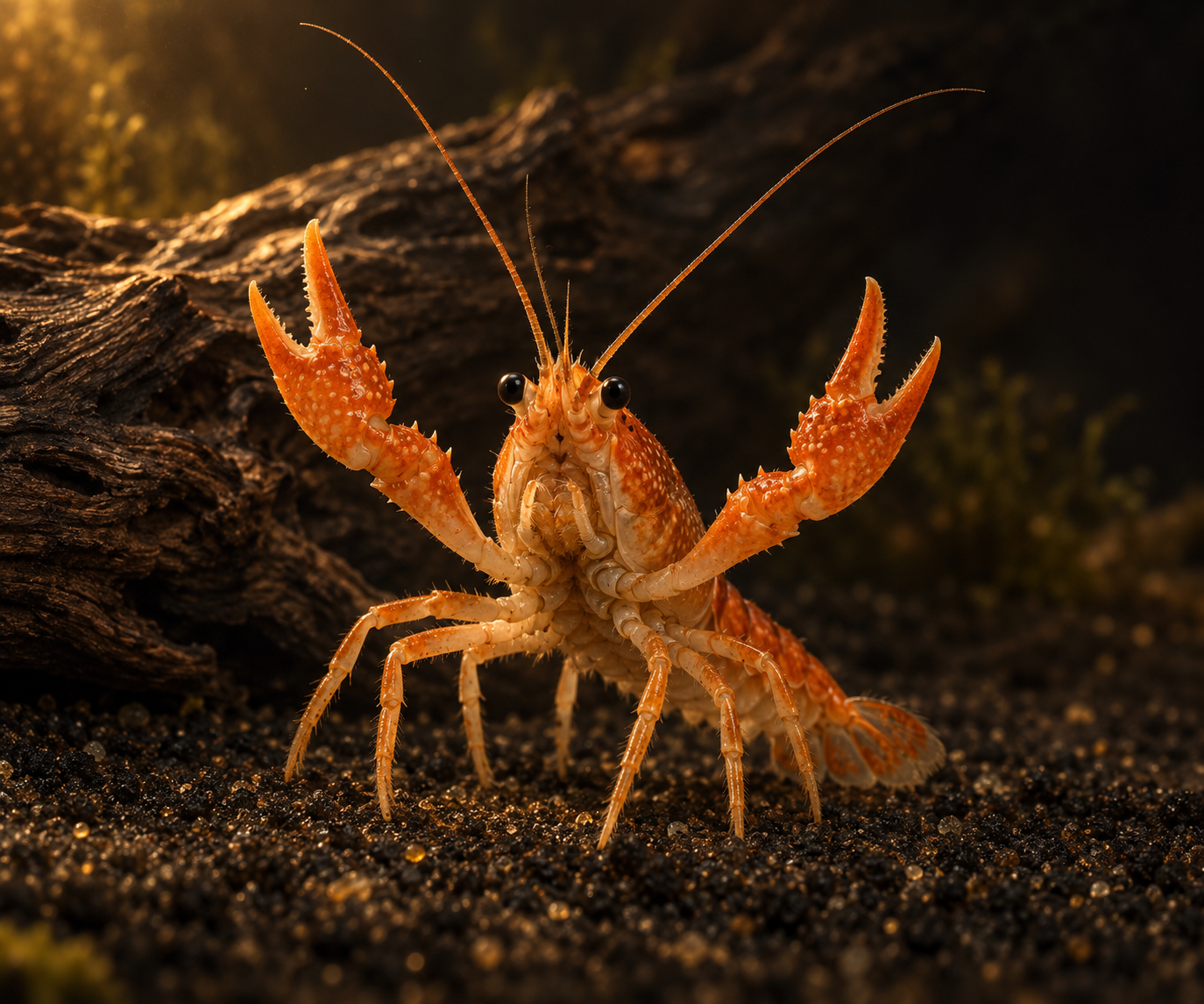 Macro portrait of a single dwarf orange Mexican crayfish (CPO) standing on dark sand in front of a piece of driftwood, both