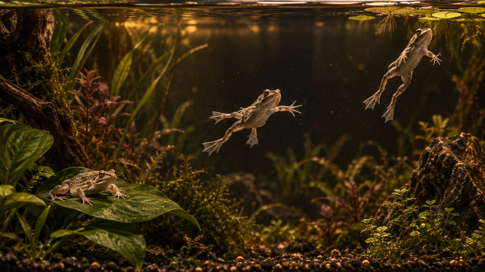 Exactly 3 African dwarf frogs in a long, low planted aquarium, arranged at clearly different depths and well apart