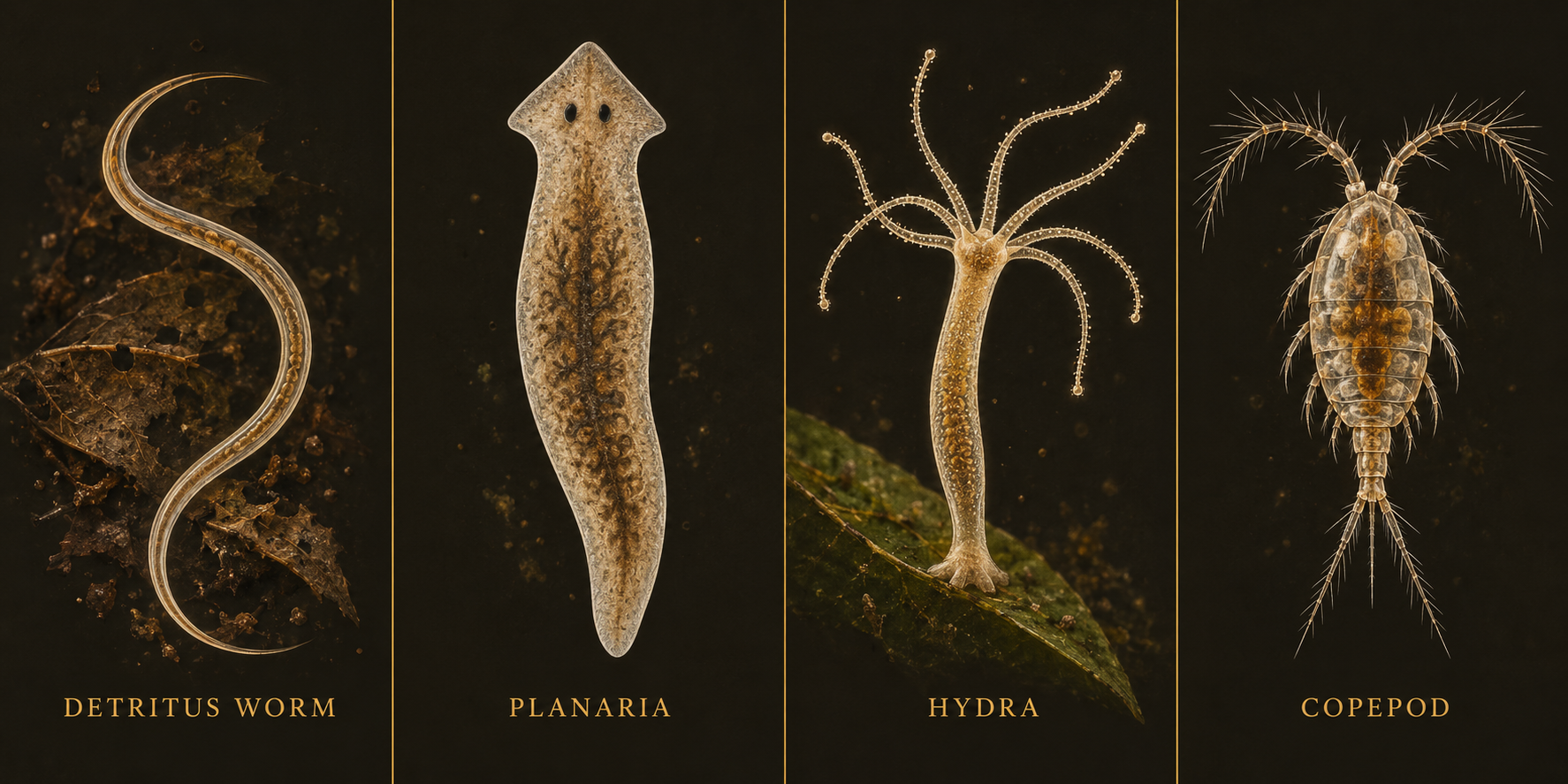 A four-panel natural-history specimen illustration on a warm charcoal background, each panel separated by a thin gold rule